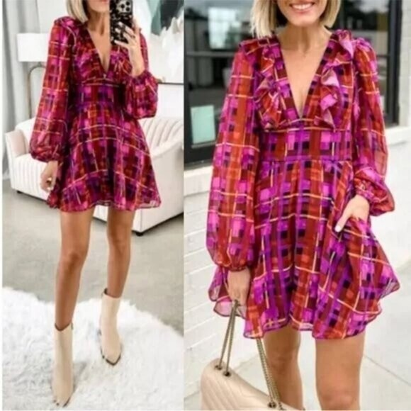 HUTCH x ANTHROPOLOGIE $168 Purple Plaid Ruffle Long-Sleeve Deep-V Romper Size M - Picture 1 of 14